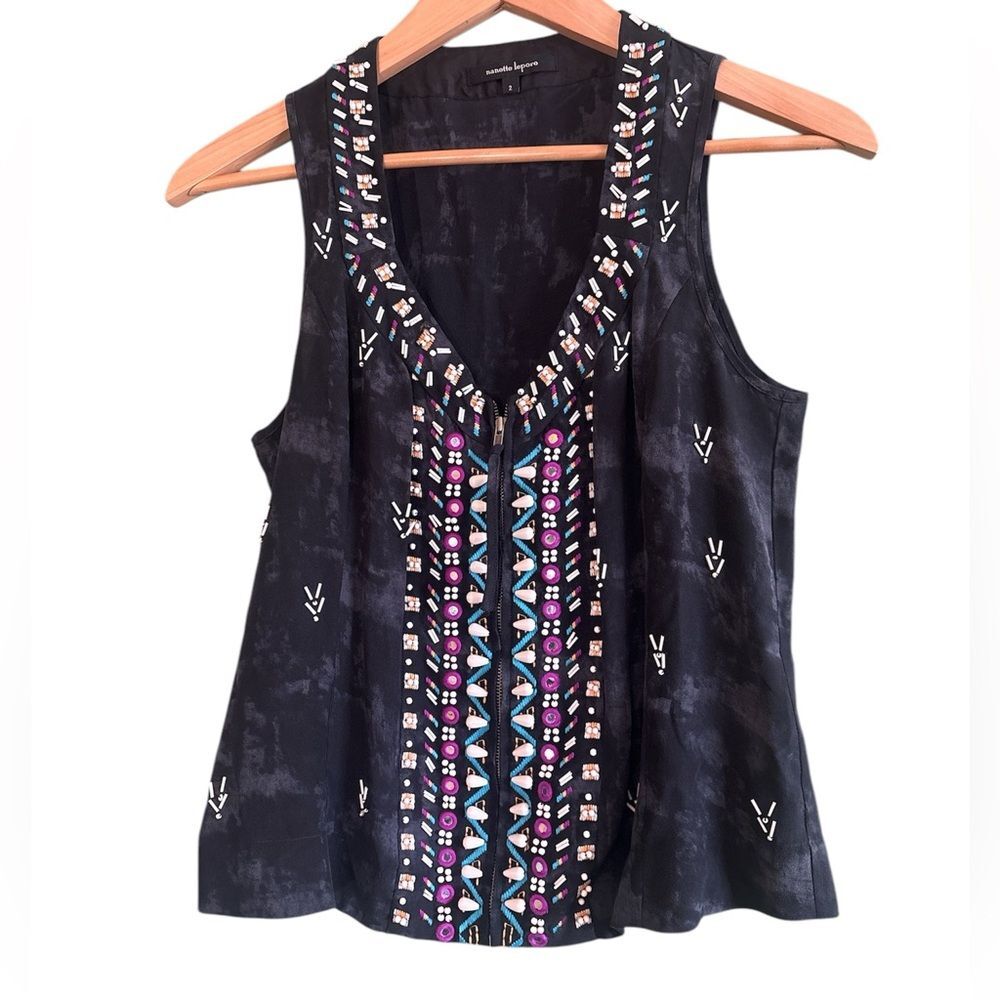 Nanette Lepore 100% Silk Beaded Embellished Boho Tank Top Sz 2 Festival